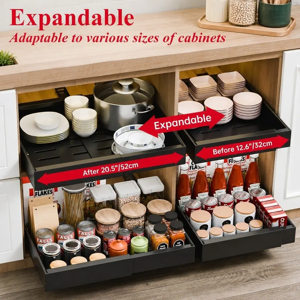 Pull Out Cabinet Organizer Expandable Slide Out Shelves Kitchen Storage 2 Pack Black