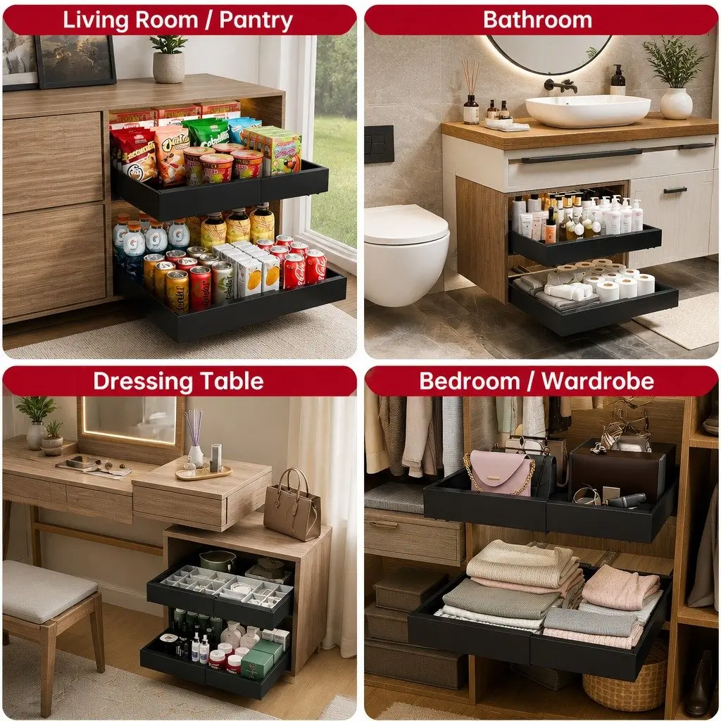 Pull Out Cabinet Organizer Expandable Slide Out Shelves Kitchen Storage 2 Pack Black