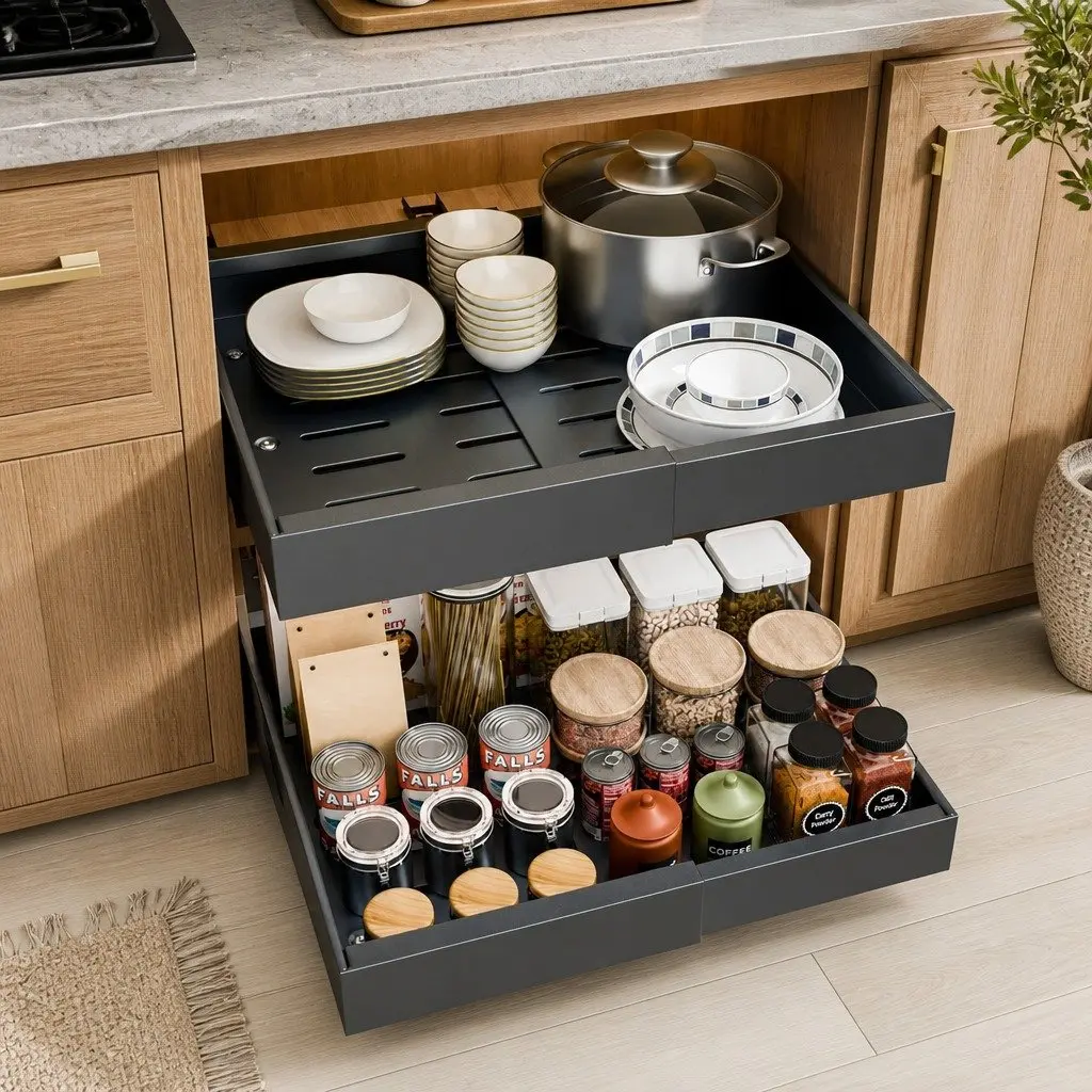 Pull Out Cabinet Organizer Expandable Slide Out Shelves Kitchen Storage 2 Pack