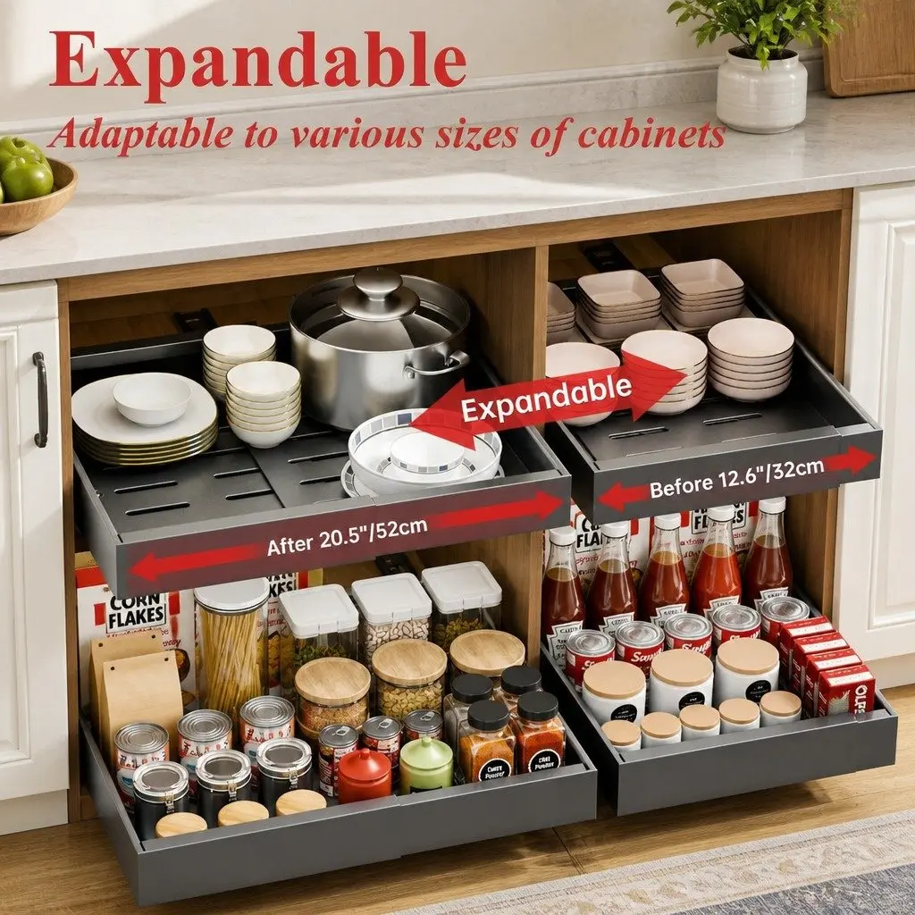 Pull Out Cabinet Organizer Expandable Slide Out Shelves Kitchen Storage 2 Pack