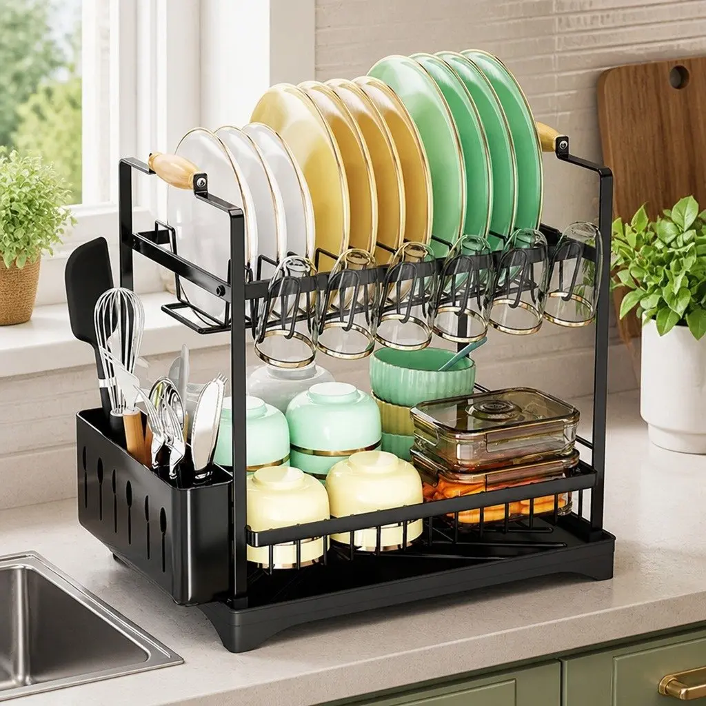 2-Tier Dish Drying Rack with Drainboard and Utensil Holder