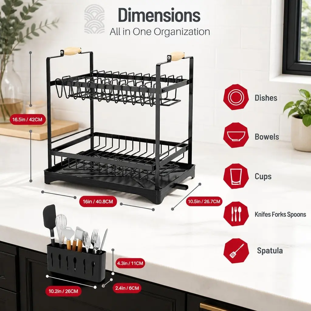 2-Tier Dish Drying Rack with Drainboard and Utensil Holder