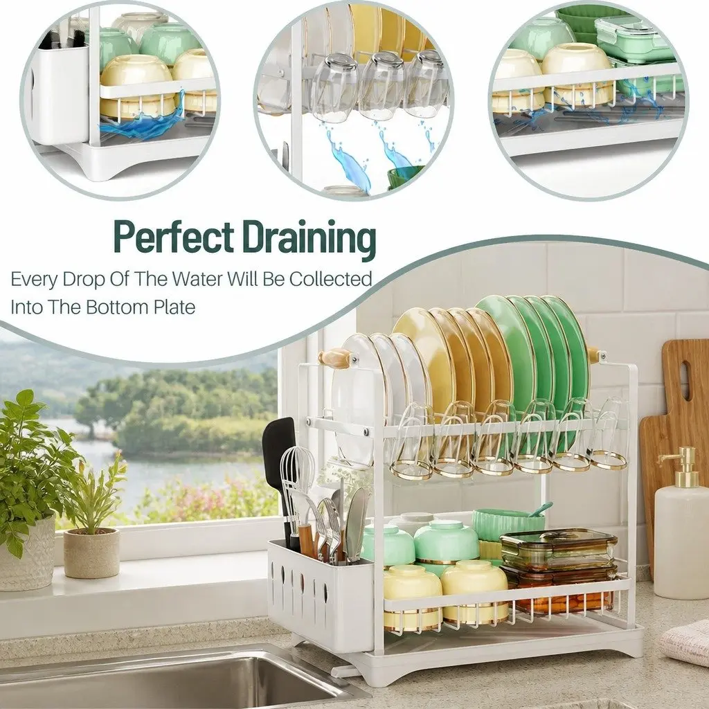 2-Tier Dish Drying Rack with Drainboard and Utensil Holder