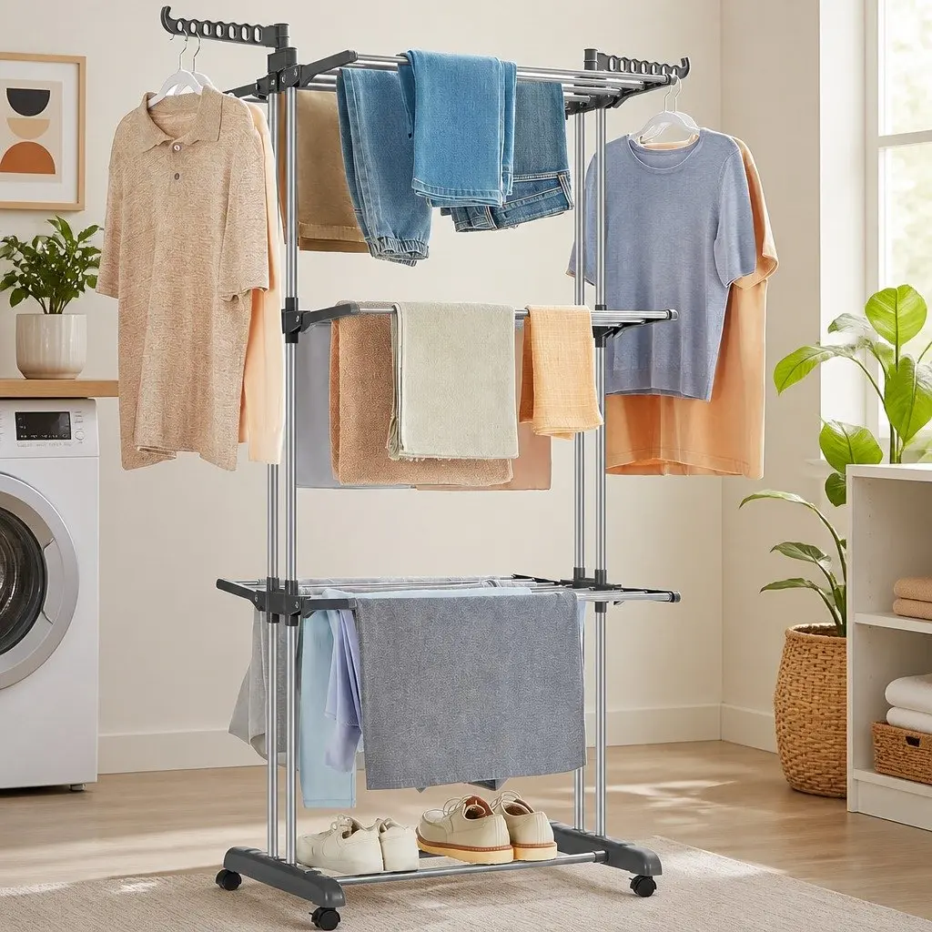 Folding Clothes Drying Rack 4-Tier Adjustable Wings Laundry Storage with Wheels