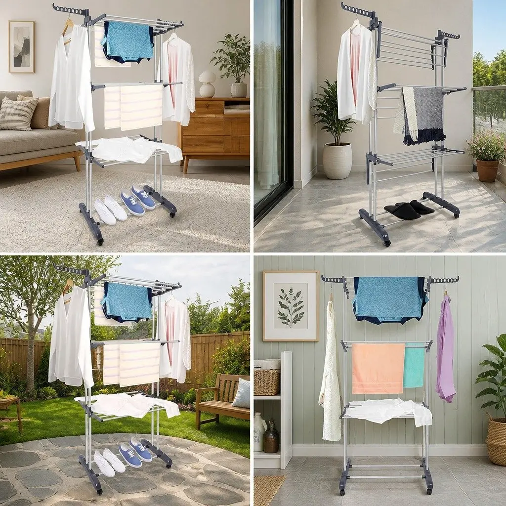 Folding Clothes Drying Rack 4-Tier Adjustable Wings Laundry Storage with Wheels