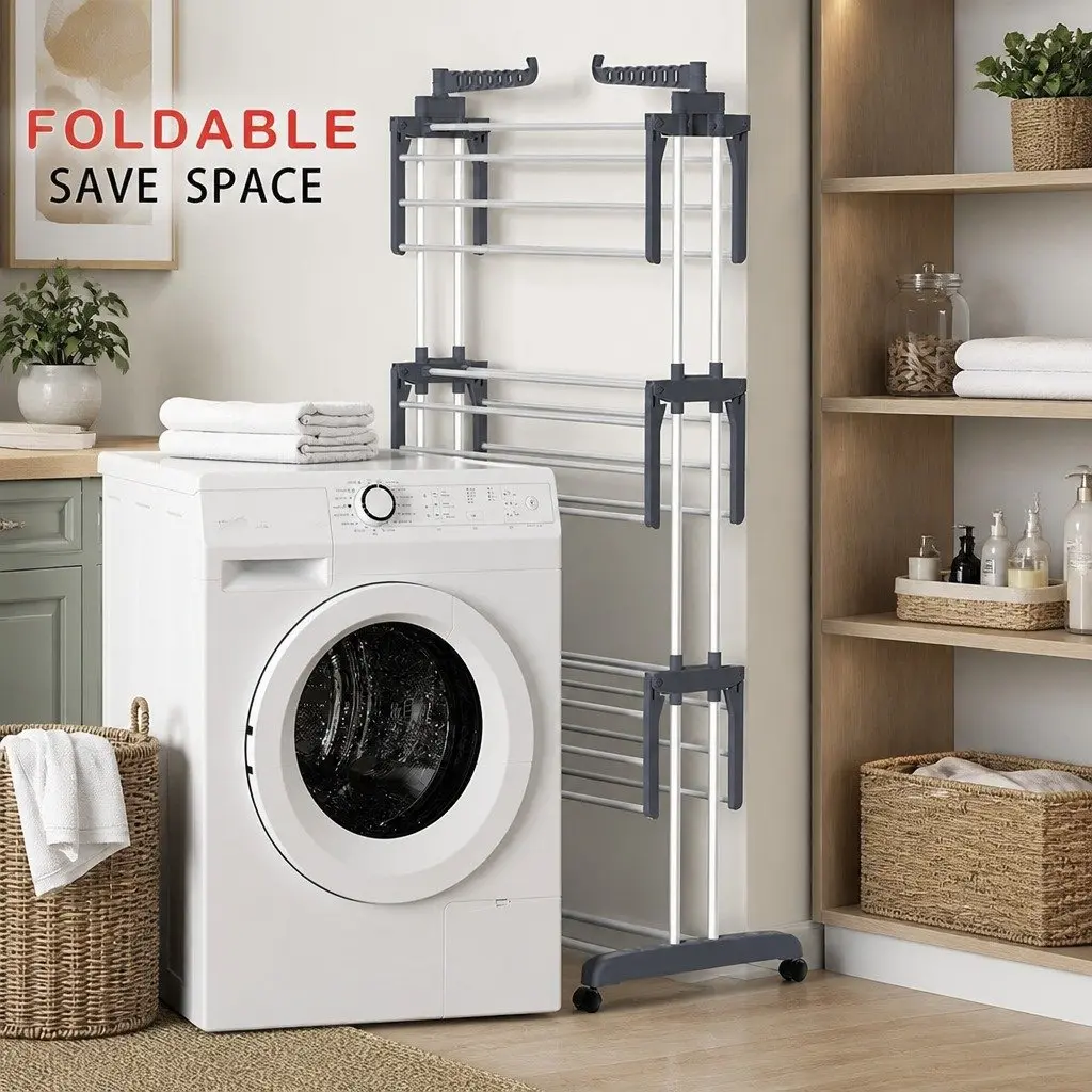 Folding Clothes Drying Rack 4-Tier Adjustable Wings Laundry Storage with Wheels