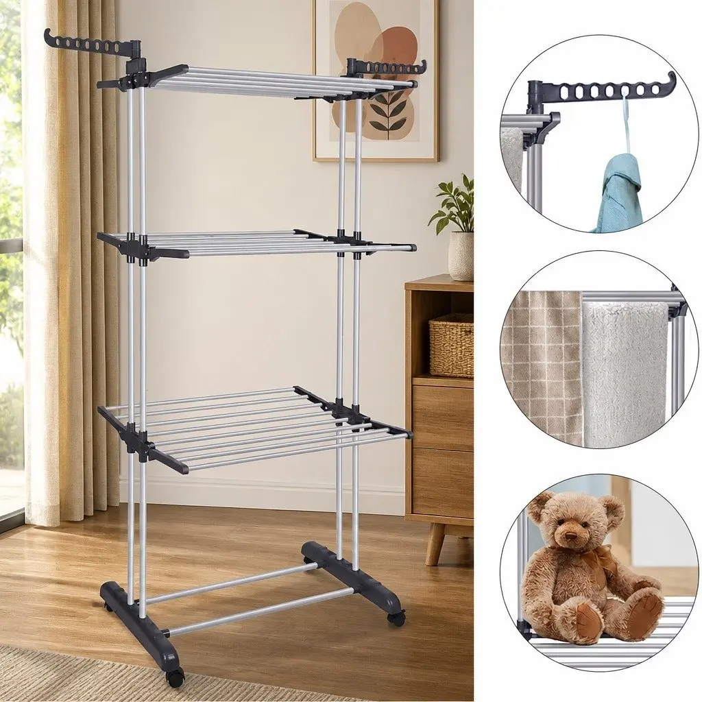 Folding Clothes Drying Rack 4-Tier Adjustable Wings Laundry Storage with Wheels