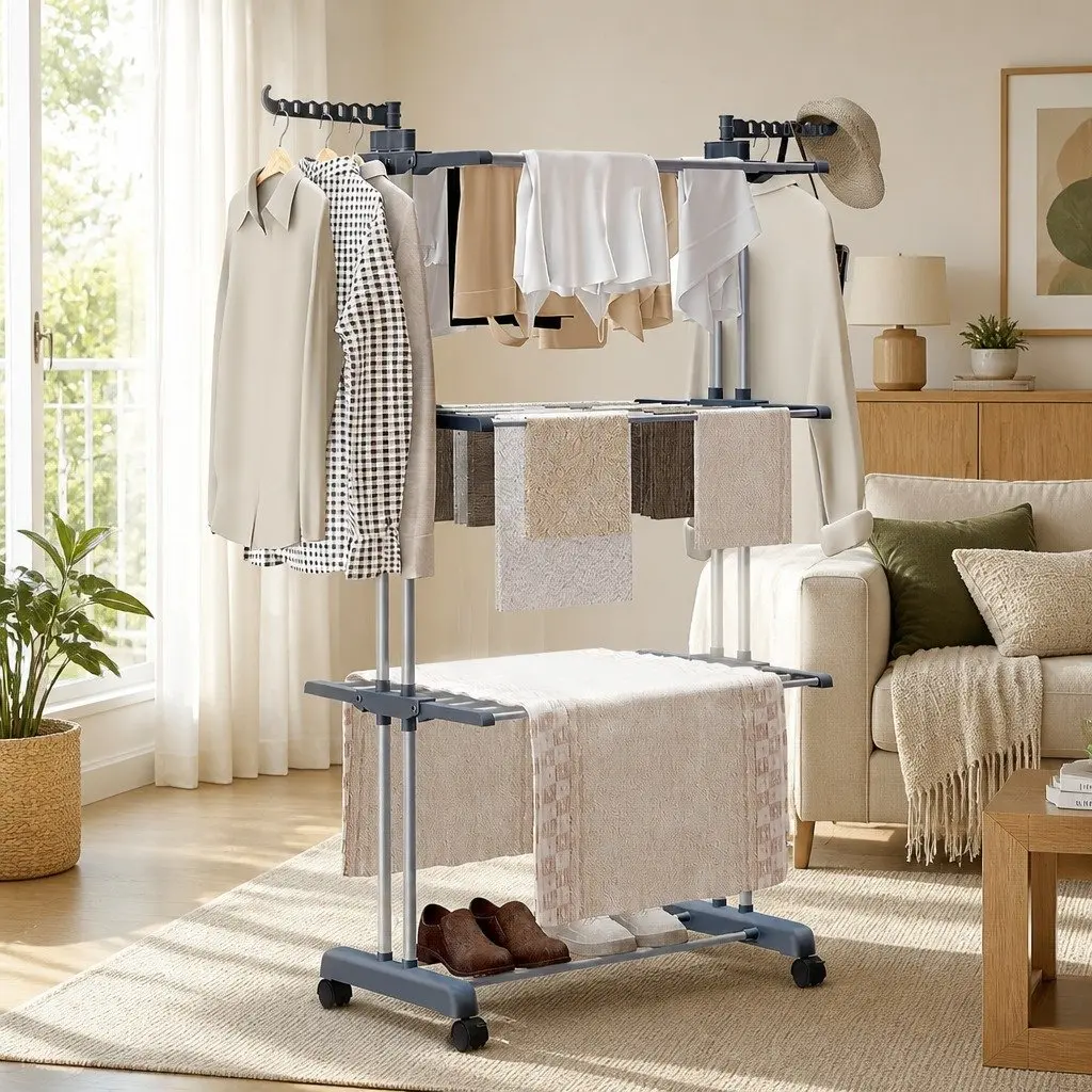 Folding Clothes Drying Rack 4-Tier Adjustable Wings Laundry Storage with Wheels