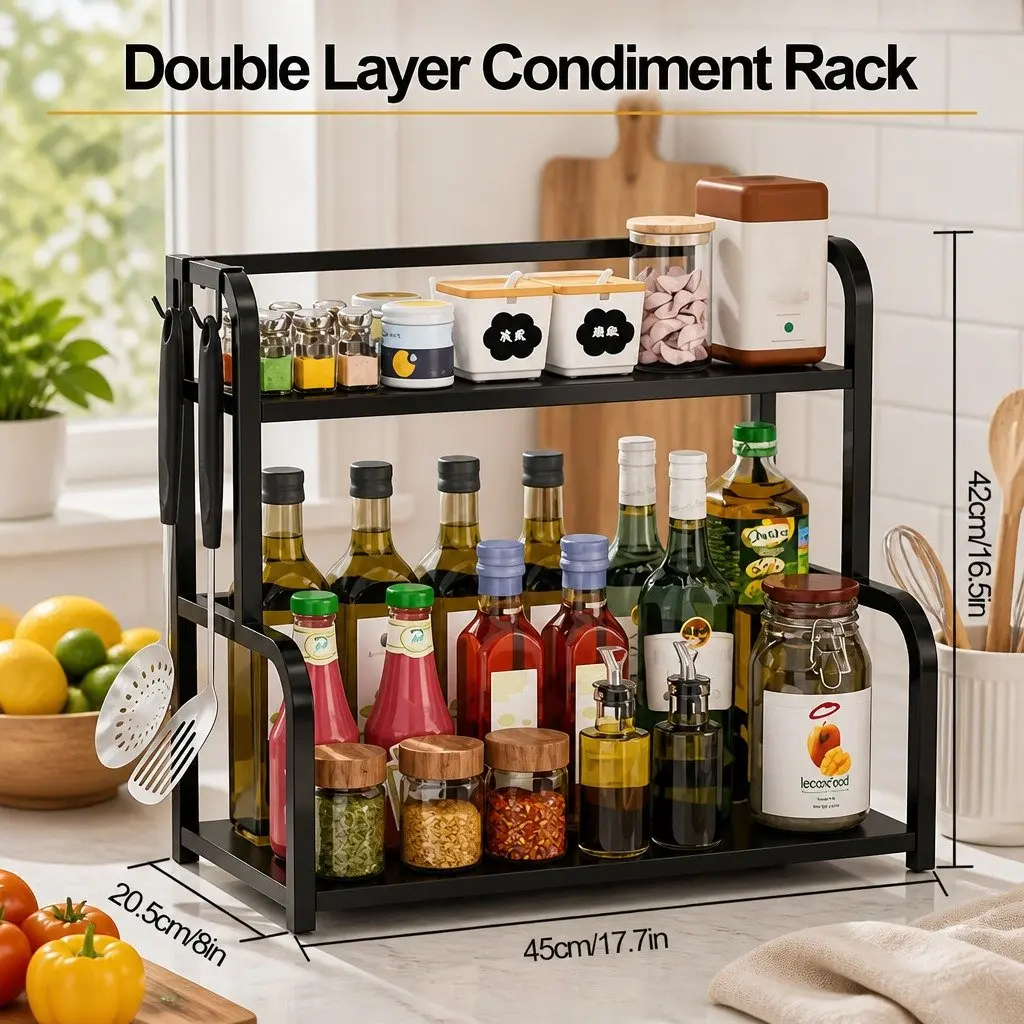 2-Tier Wooden Kitchen Countertop Spice Rack Organizer Storage Natural Wood Black Metal