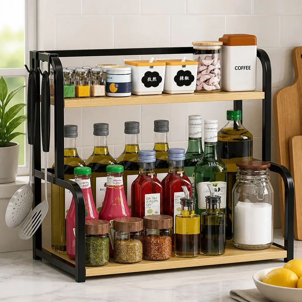 2-Tier Wooden Kitchen Countertop Spice Rack Organizer Storage Natural Wood Black Metal