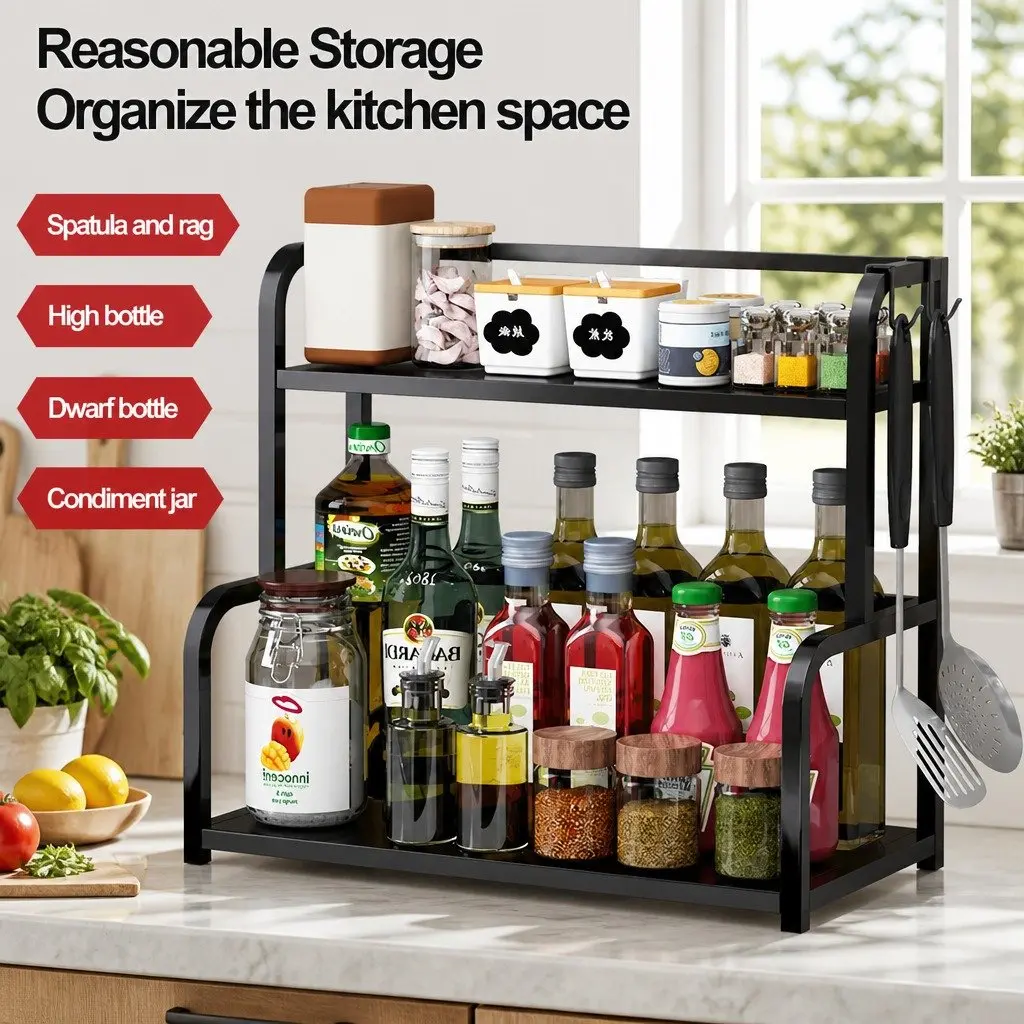 2-Tier Wooden Kitchen Countertop Spice Rack Organizer Storage Natural Wood Black Metal