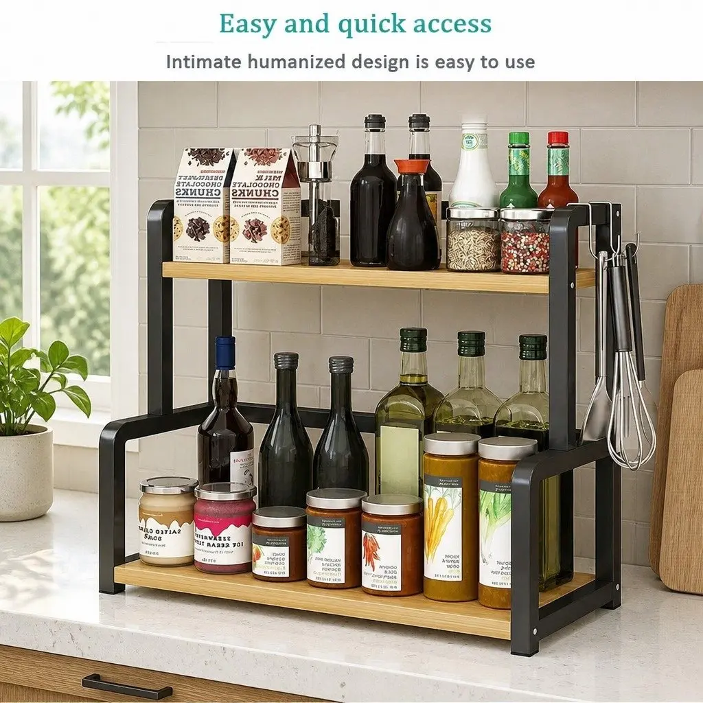 2-Tier Wooden Kitchen Countertop Spice Rack Organizer Storage Natural Wood Black Metal