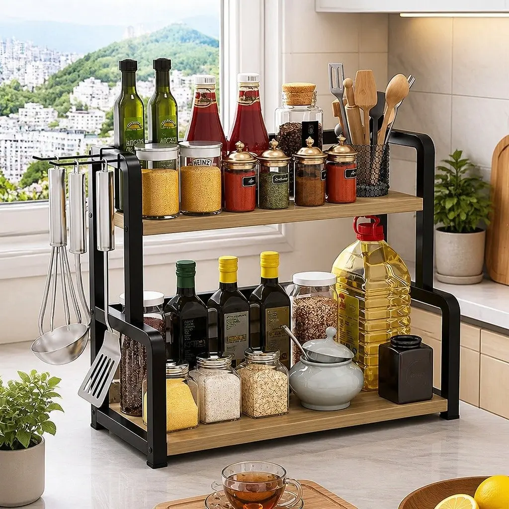 2-Tier Wooden Kitchen Countertop Spice Rack Organizer Storage Natural Wood Black Metal