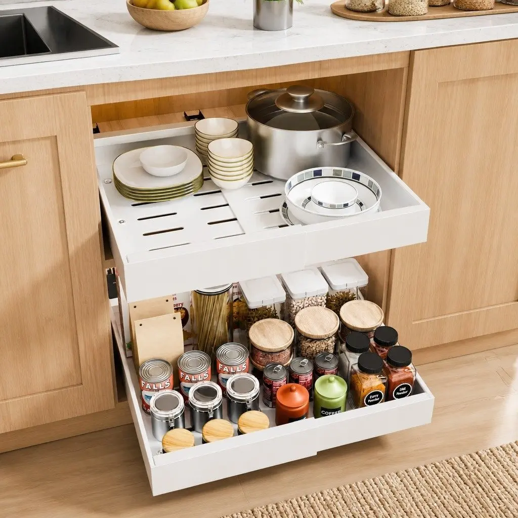 Pull Out Cabinet Organizer Expandable Slide Out Shelves Kitchen Storage 2 Pack