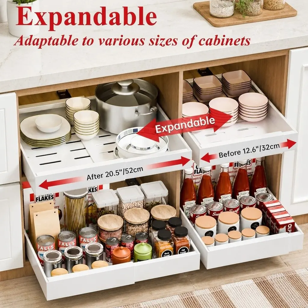 Pull Out Cabinet Organizer Expandable Slide Out Shelves Kitchen Storage 2 Pack