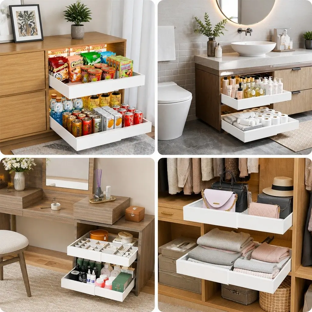 Pull Out Cabinet Organizer Expandable Slide Out Shelves Kitchen Storage 2 Pack