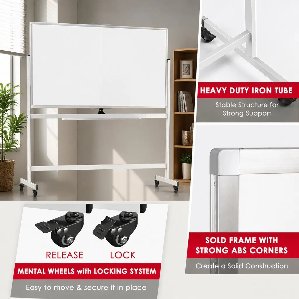 Double-Sided Magnetic Whiteboard Writing Board 120x90cm Mobile Reversible
