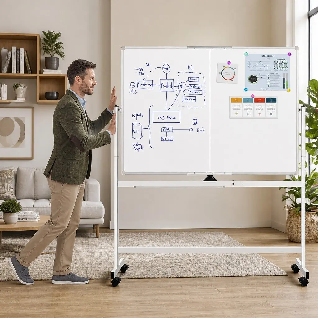 Double-Sided Magnetic Whiteboard Writing Board 120x90cm Mobile Reversible