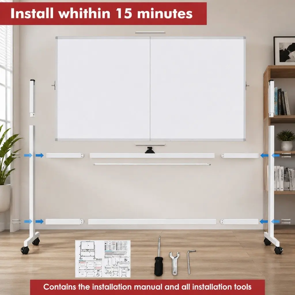 Double-Sided Magnetic Whiteboard Writing Board 120x90cm Mobile Reversible