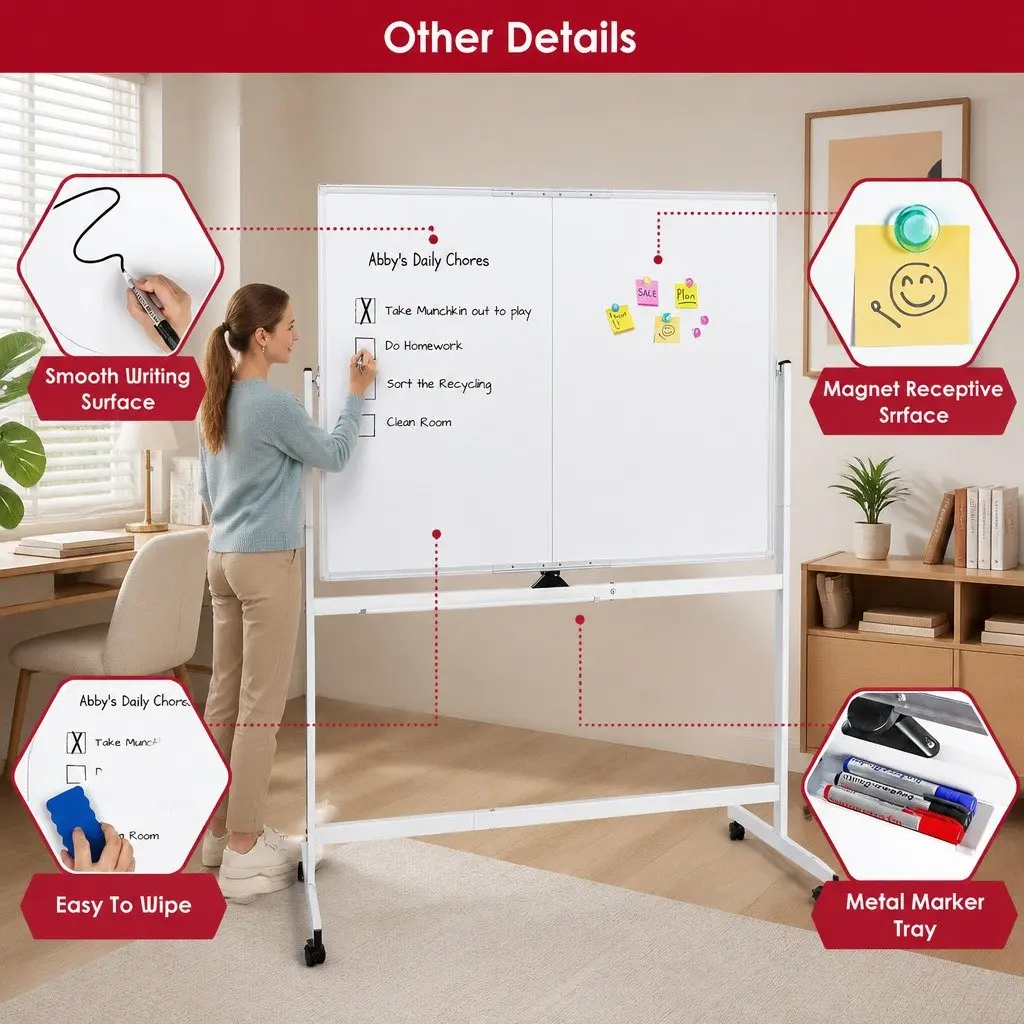 Double-Sided Magnetic Whiteboard Writing Board 120x90cm Mobile Reversible