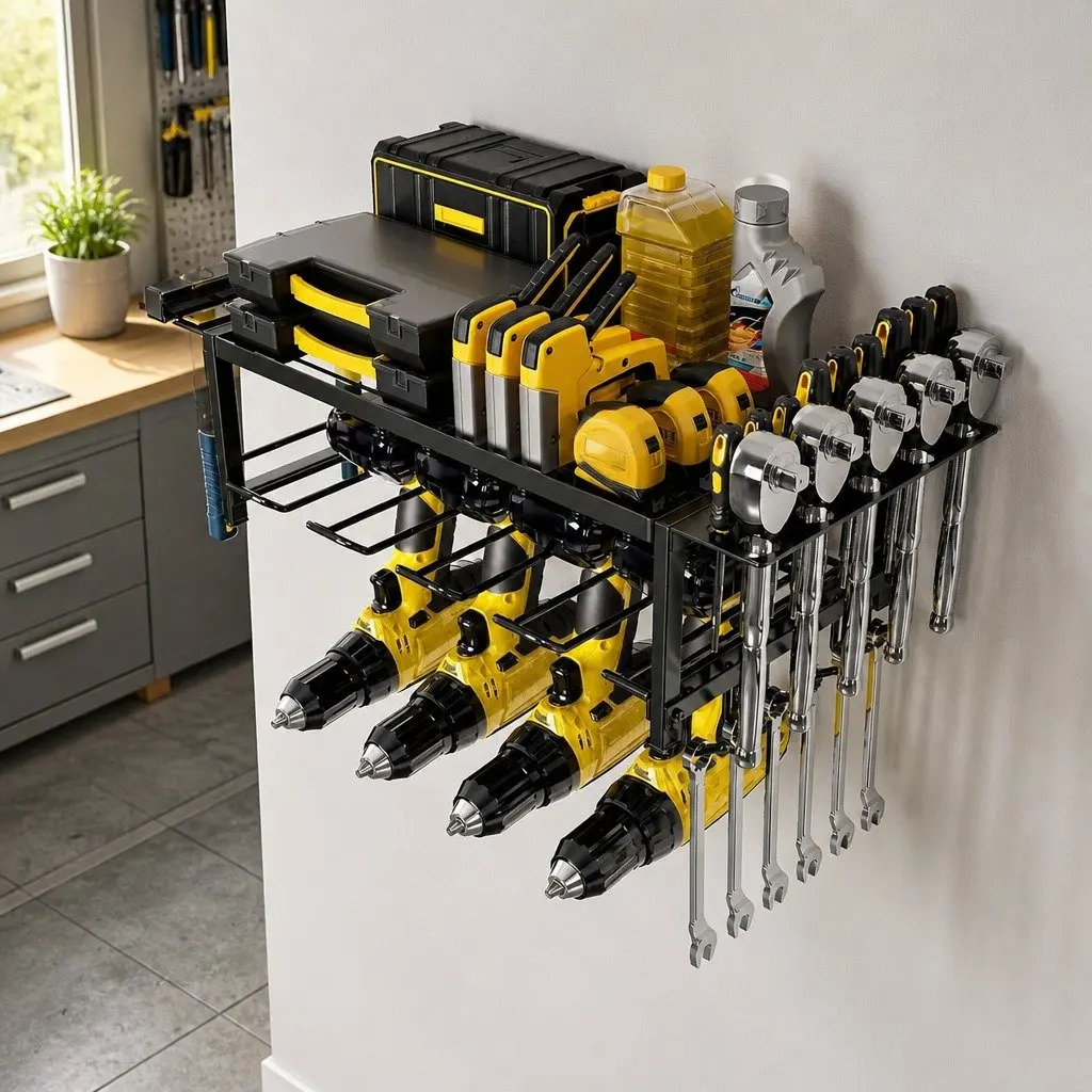 2-Tier Wall Mount Power Tool Rack Organizer Drill Holder Wrench Hooks 25 x 15 x 60 cm