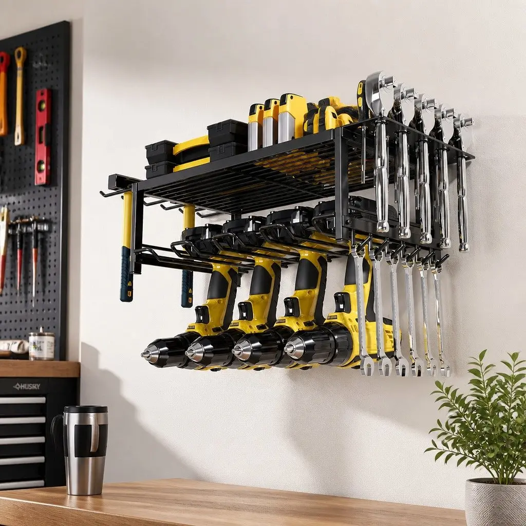 2-Tier Wall Mount Power Tool Rack Organizer Drill Holder Wrench Hooks 25 x 15 x 60 cm