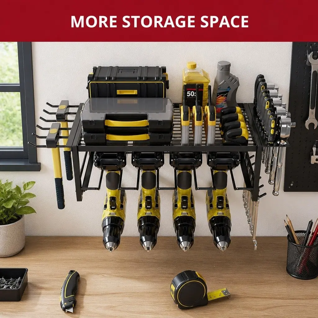 2-Tier Wall Mount Power Tool Rack Organizer Drill Holder Wrench Hooks 25 x 15 x 60 cm