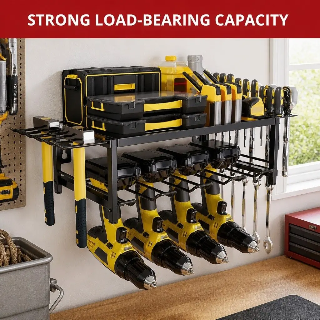 2-Tier Wall Mount Power Tool Rack Organizer Drill Holder Wrench Hooks 25 x 15 x 60 cm