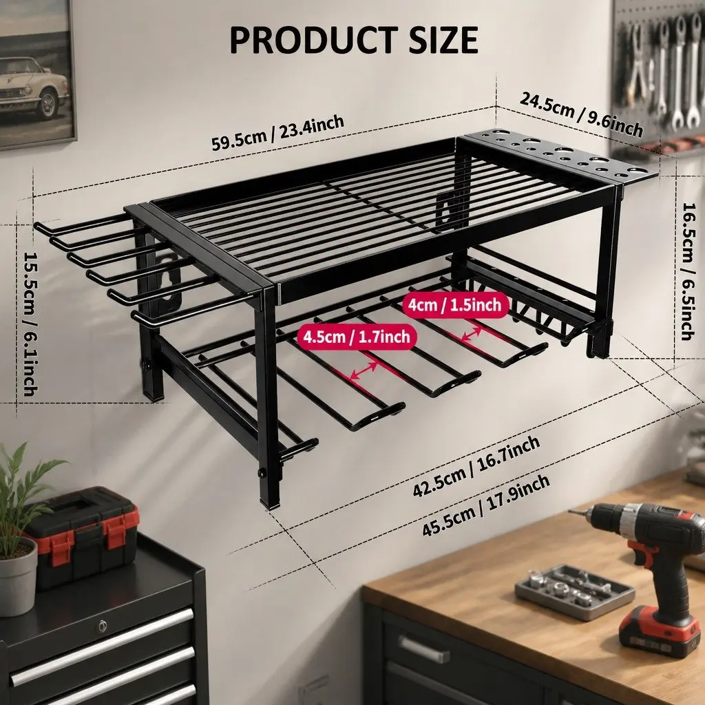 2-Tier Wall Mount Power Tool Rack Organizer Drill Holder Wrench Hooks 25 x 15 x 60 cm