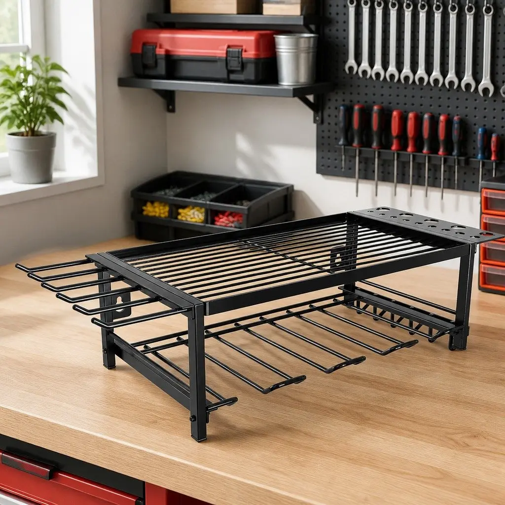 2-Tier Wall Mount Power Tool Rack Organizer Drill Holder Wrench Hooks 25 x 15 x 60 cm
