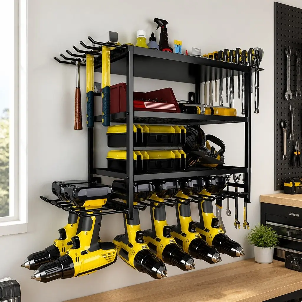 4-Tier Power Tool Organizer Rack Wall Mount Heavy-Duty Metal Drill Holder Wrench Hooks 25x42x60cm