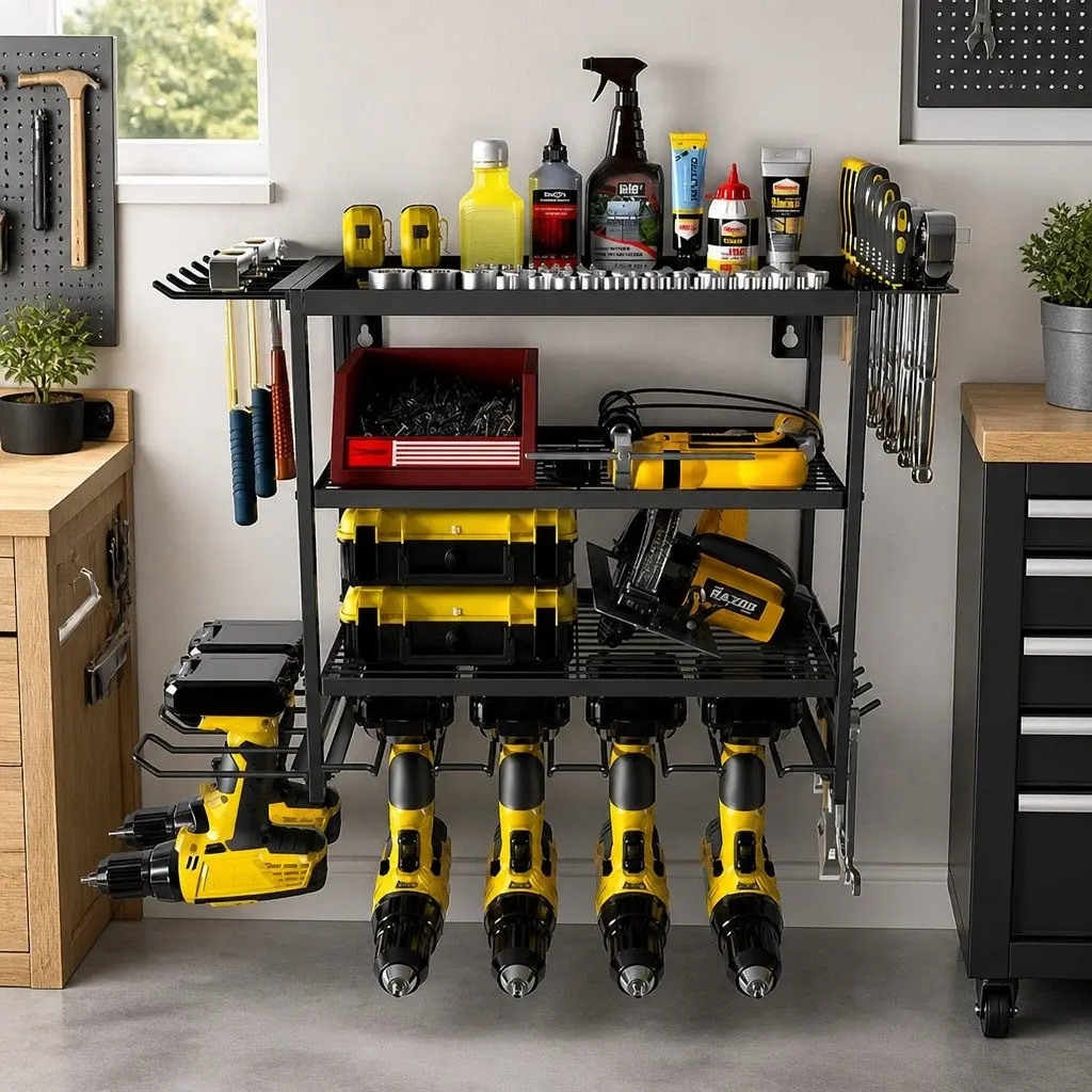 4-Tier Power Tool Organizer Rack Wall Mount Heavy-Duty Metal Drill Holder Wrench Hooks 25x42x60cm