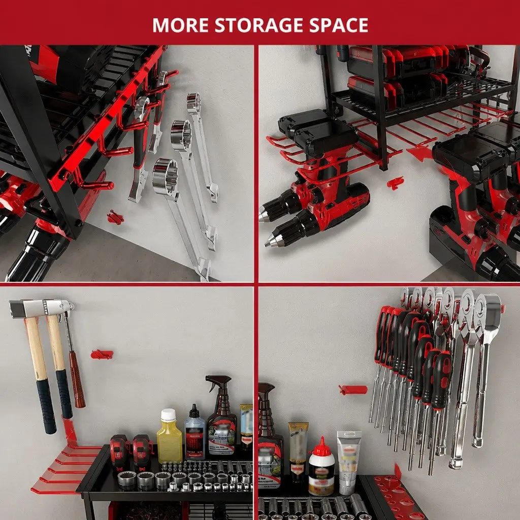 4-Tier Power Tool Organizer Rack Wall Mount Heavy-Duty Metal Drill Holder Wrench Hooks 25x42x60cm