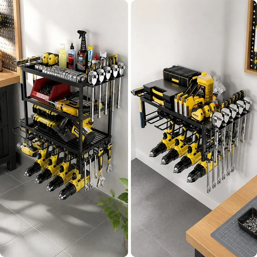4-Tier Power Tool Organizer Rack Wall Mount Heavy-Duty Metal Drill Holder Wrench Hooks 25x42x60cm