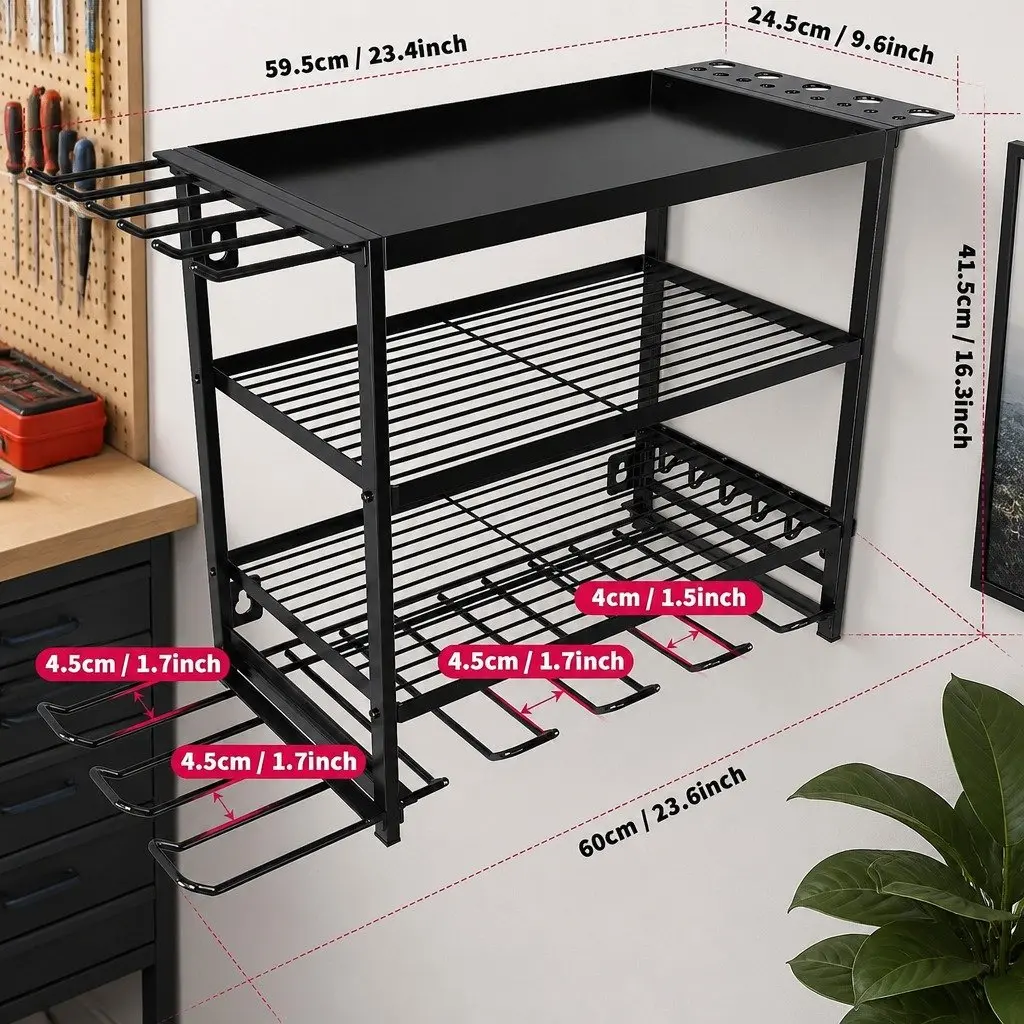 4-Tier Power Tool Organizer Rack Wall Mount Heavy-Duty Metal Drill Holder Wrench Hooks 25x42x60cm