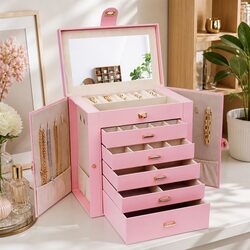 Large 6-Layer Jewelry Box with Drawers Mirror Lock Necklace Hooks Side