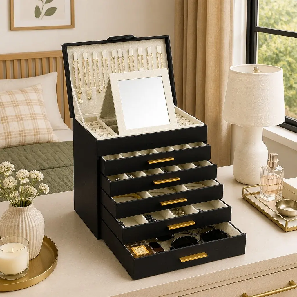 Jewelry Organizer Box 6 Layer Storage Case with Mirror Black