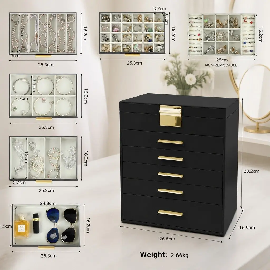 Jewelry Organizer Box 6 Layer Storage Case with Mirror Black