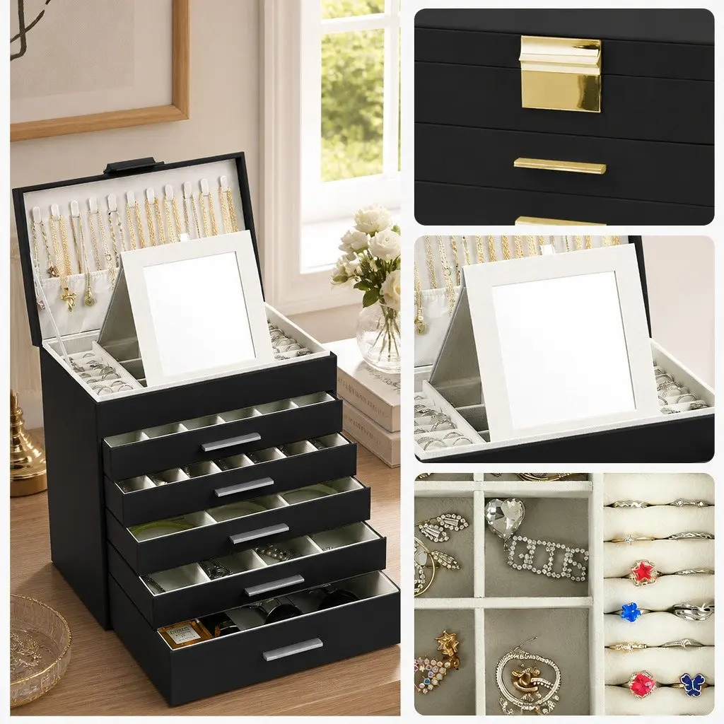 Jewelry Organizer Box 6 Layer Storage Case with Mirror Black