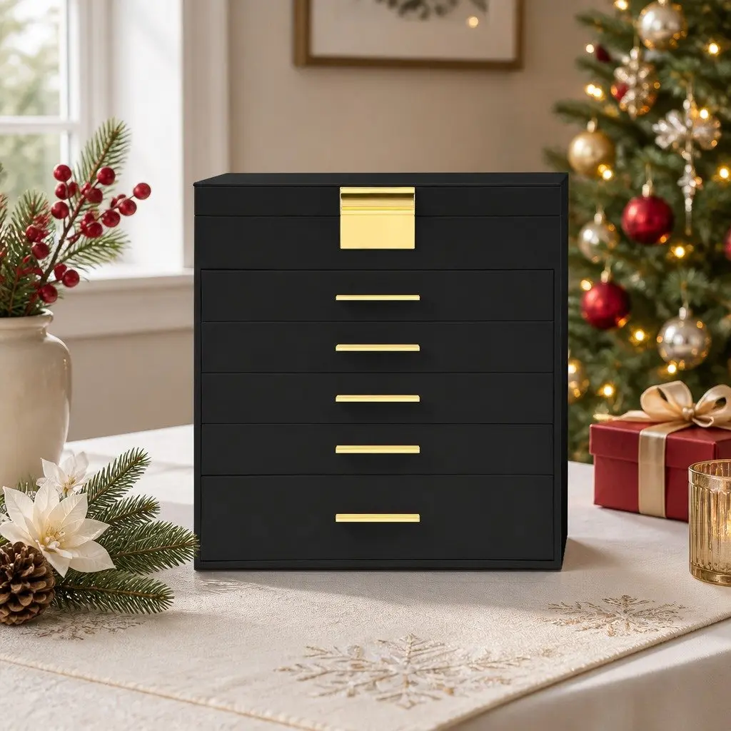 Jewelry Organizer Box 6 Layer Storage Case with Mirror Black