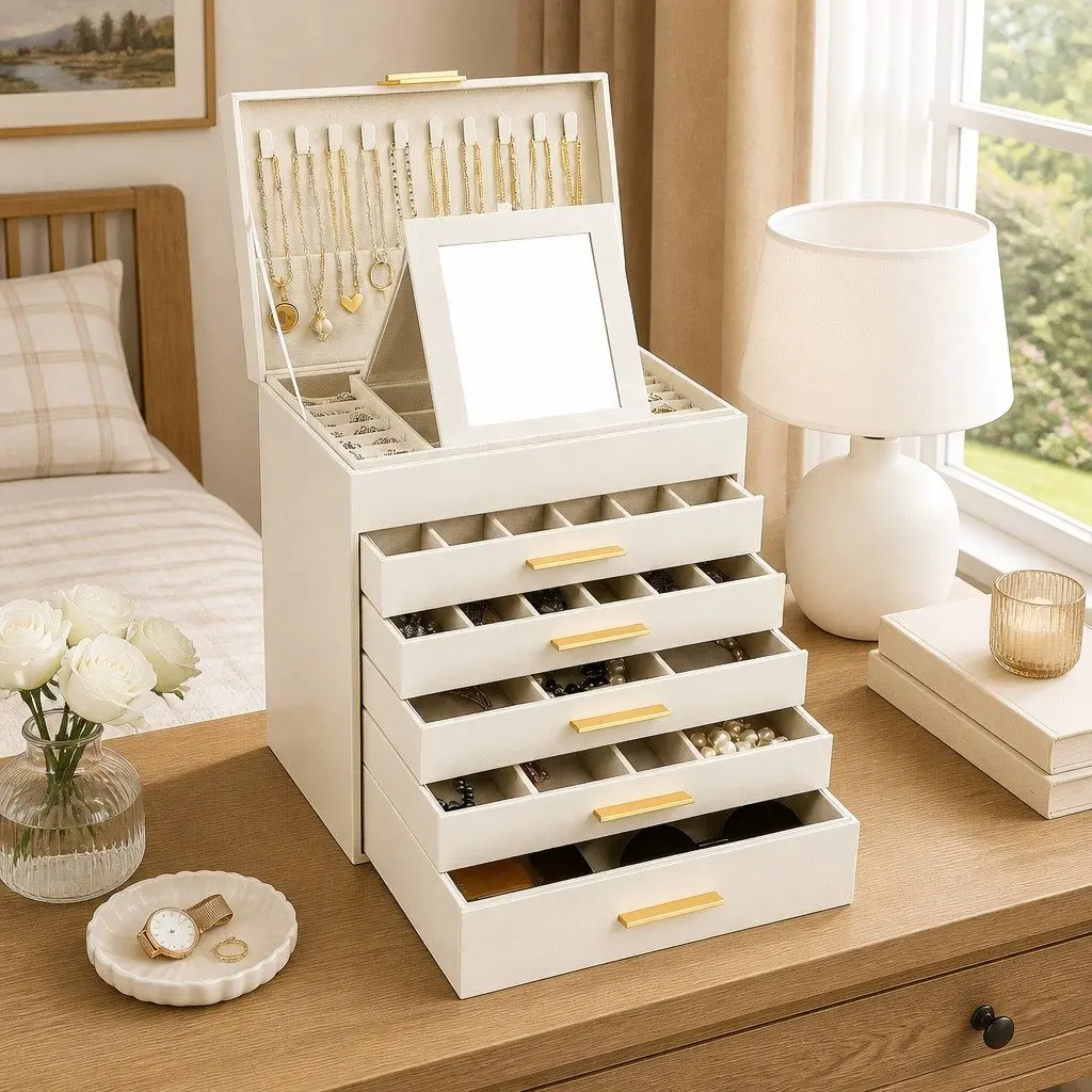 Jewelry Organizer Box Multi-layer Storage with Mirror 6 Drawers Customizable Dividers White