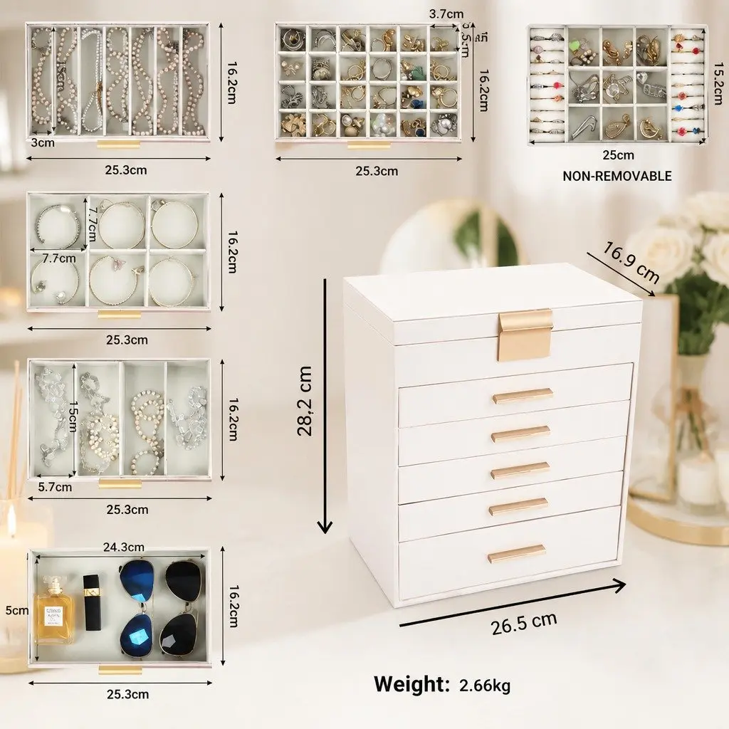 Jewelry Organizer Box Multi-layer Storage with Mirror 6 Drawers Customizable Dividers White