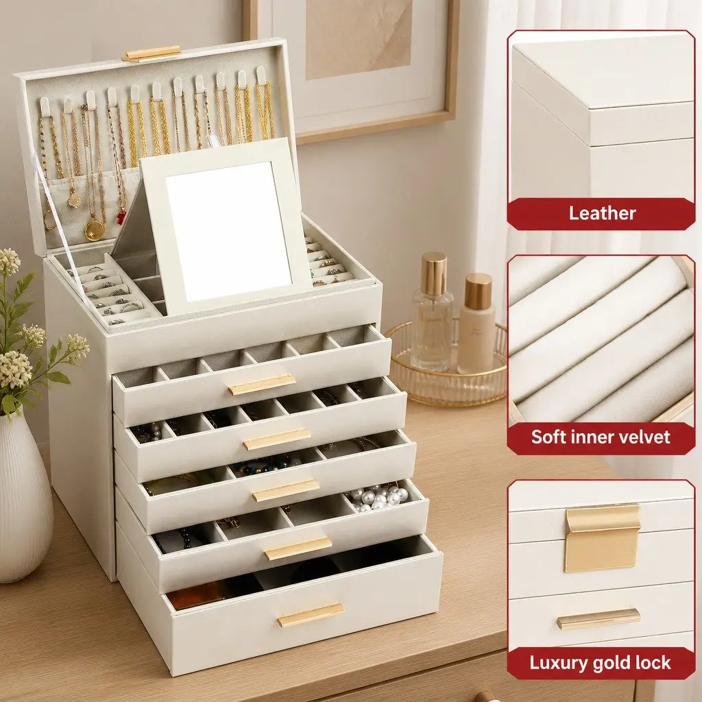 Jewelry Organizer Box Multi-layer Storage with Mirror 6 Drawers Customizable Dividers White