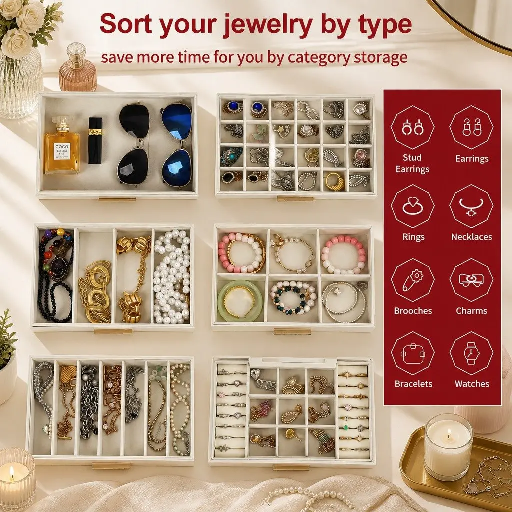 Jewelry Organizer Box Multi-layer Storage with Mirror 6 Drawers Customizable Dividers White