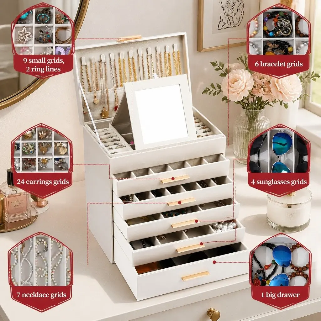 Jewelry Organizer Box Multi-layer Storage with Mirror 6 Drawers Customizable Dividers White