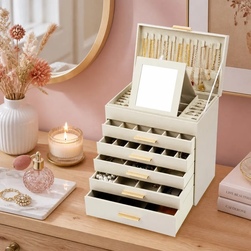 Jewelry Organizer Box Multi-layer Storage with Mirror 6 Drawers Customizable Dividers White