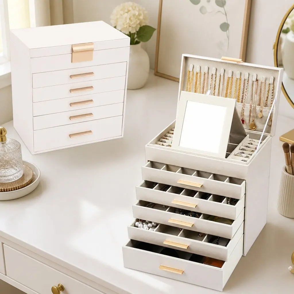 Jewelry Organizer Box Multi-layer Storage with Mirror 6 Drawers Customizable Dividers White