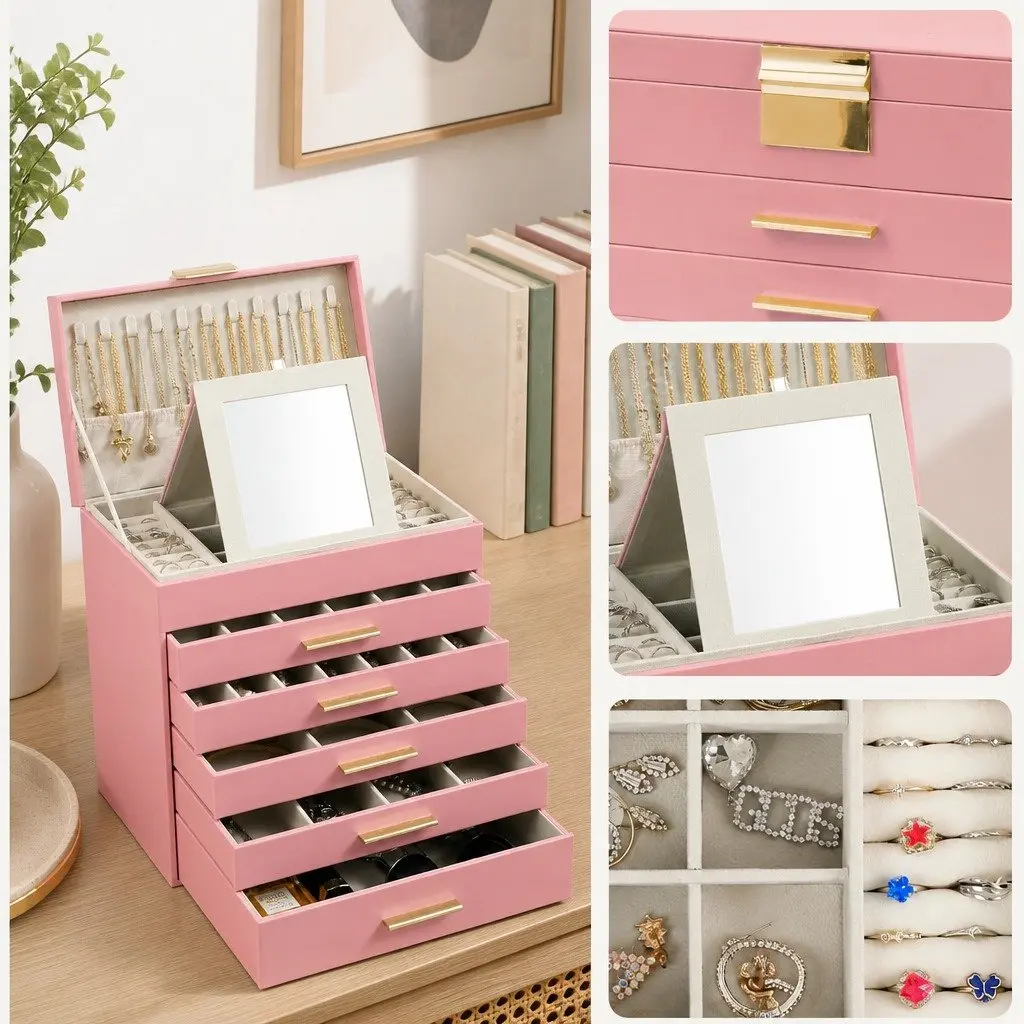Jewelry Organizer Box 6 Layer Storage with Mirror Pink