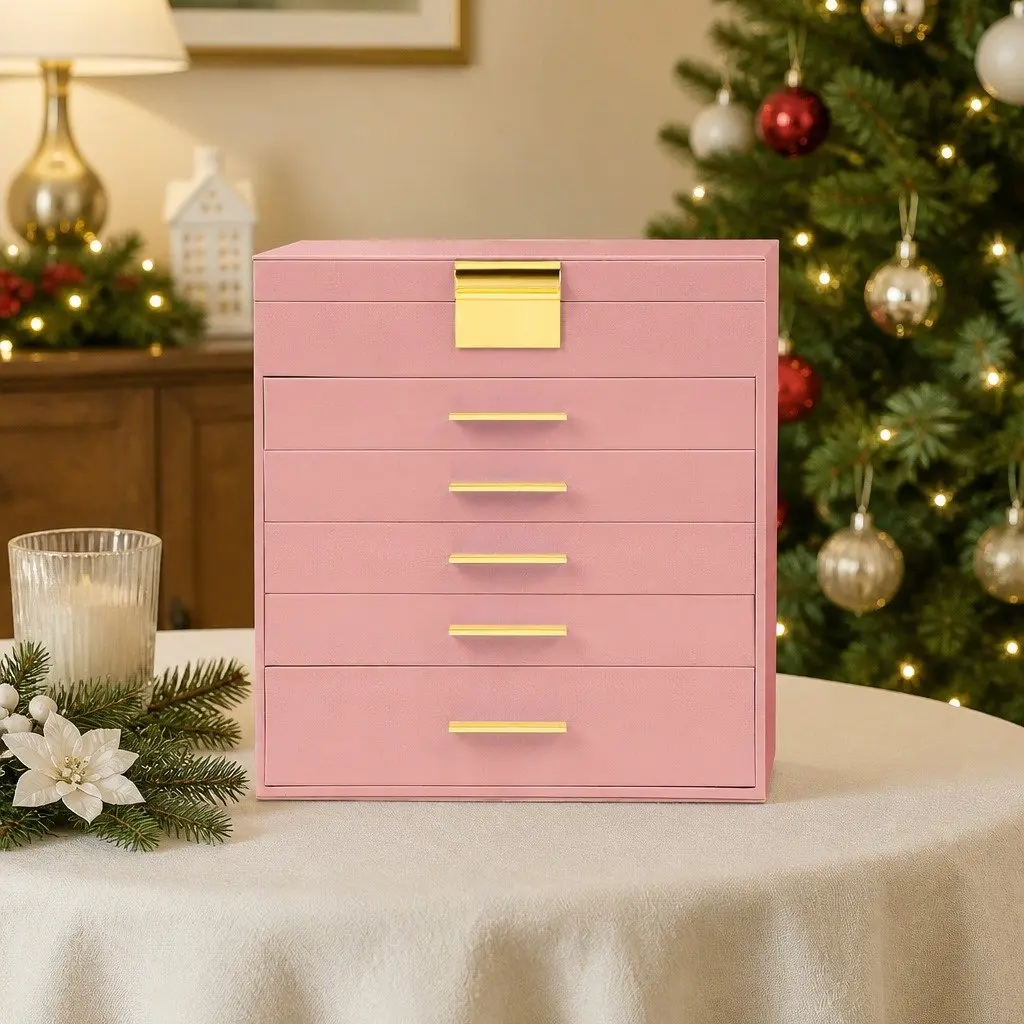 Jewelry Organizer Box 6 Layer Storage with Mirror Pink