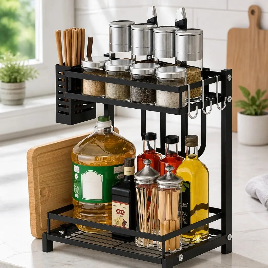2-Tier Kitchen Spice Rack Organizer Storage Shelf Countertop Black